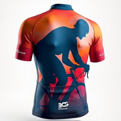 Professional cycling kit design with vibrant colors. The back of the jersey shows a cyclist silhouette. Rider's name displayed on left breast. Team spirit and sponsorship emphasized. Group name is BCG Group.