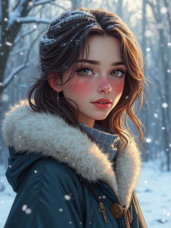Hand-drawn comic book style illustration of a young woman. She has rosy cheeks and snow-dusted hair. Wearing a fur-lined cloak. Looking directly at the viewer. Eyes sparkle with winter magic. Scene includes dynamic lighting and bold borders. Atmospheric effects like falling snowflakes. Shallow depth of field present.