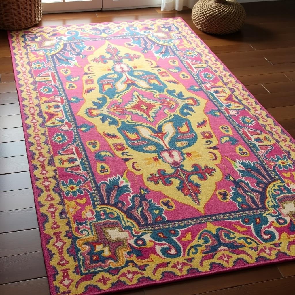 A handmade tufted rug with intricate designs and vibrant colors. The rug features pink, yellow, and blue. It is displayed beautifully on a wooden floor.