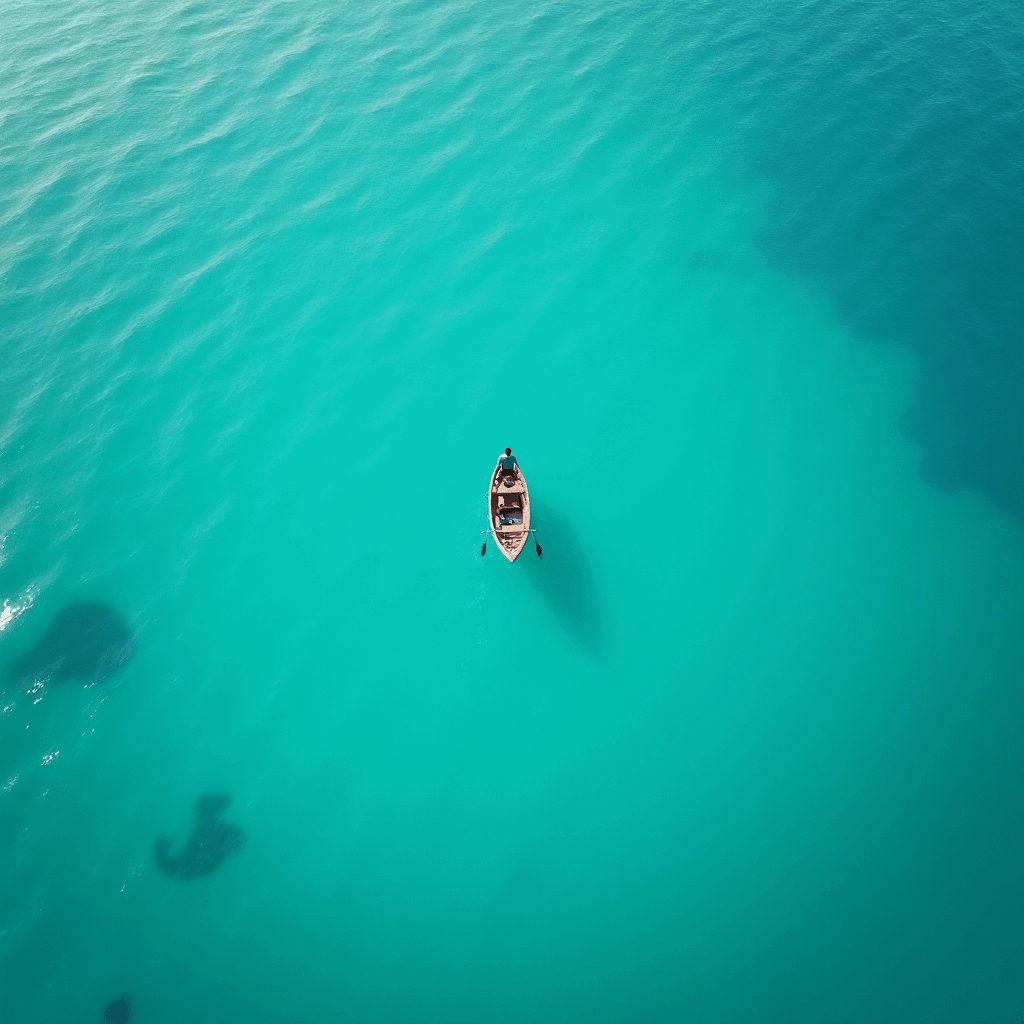 A lone person rows a wooden boat on calm, clear turquoise water.