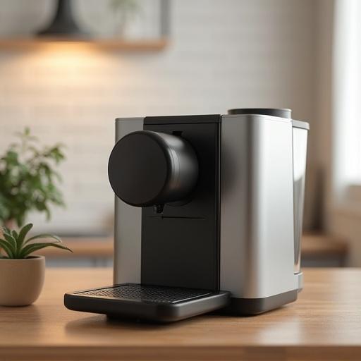 Modern coffee machine on a wooden table in a cozy home coffee bar scene. Soft natural lighting enhances the warm atmosphere. Minimalistic background features a small plant and coffee accessories. Coffee machine emphasized as the focal point in photorealistic detail with clean surfaces.
