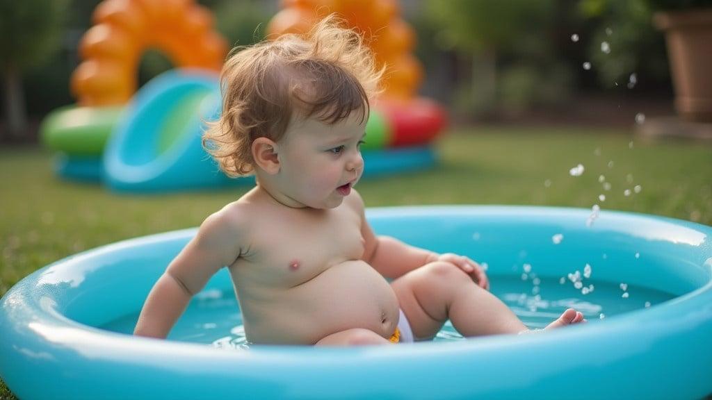 Child sitting in a blue kiddie pool. Baby has curly hair and a cheerful expression. Grass is visible in the background. Colorful structures in the distance. Summer day atmosphere.