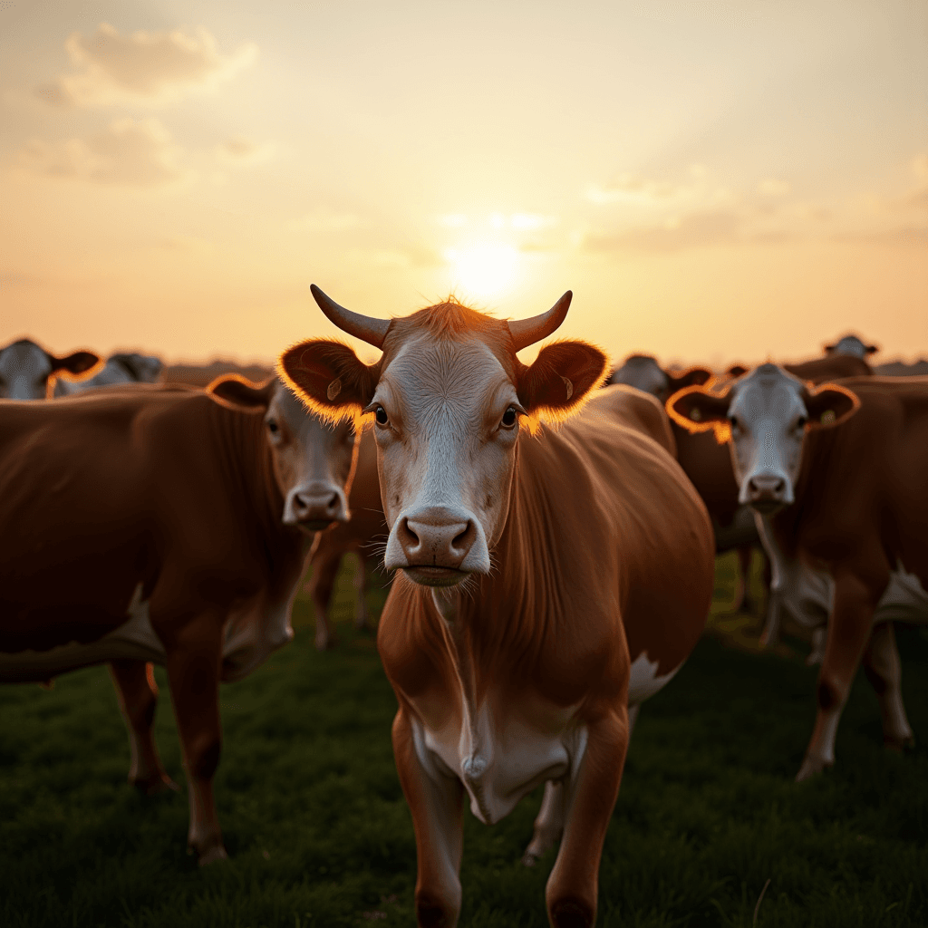 A herd of cows grazing peacefully at sunset with the sun casting a golden glow.