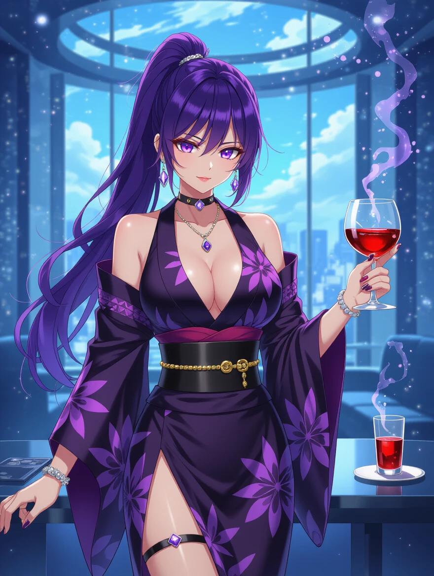Anime character standing in luxurious Yakuza council room. Young woman 19 years old with vibrant purple hair. She wears an elegant and edgy kimono that showcases her physique. Holding a glass of beverage. Room features large windows displaying cityscape. Bright lights and modern furnishings throughout. Rich purple and black colors dominate the scene.
