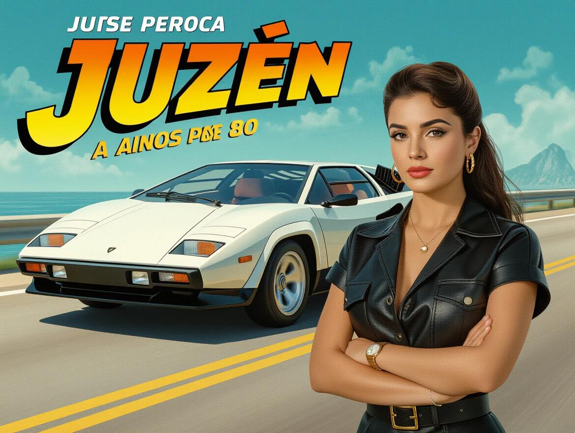 Film poster of an 80s action movie featuring a beautiful woman with long hair and a stylish black outfit next to a white Lamborghini Countach. The scene includes a vibrant background and captures the retro aesthetic of the time period.