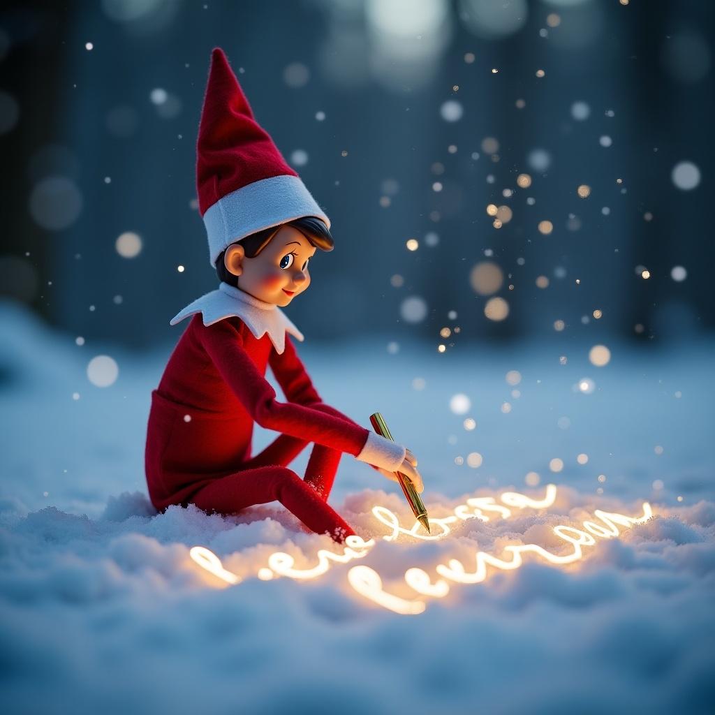 Winter setting featuring an Elf on the Shelf writing names in the snow. Elf wears bright red outfit and white hat. Uses golden pen to create glowing cursive letters. Soft snowflakes fall around. Scene has soft lighting.