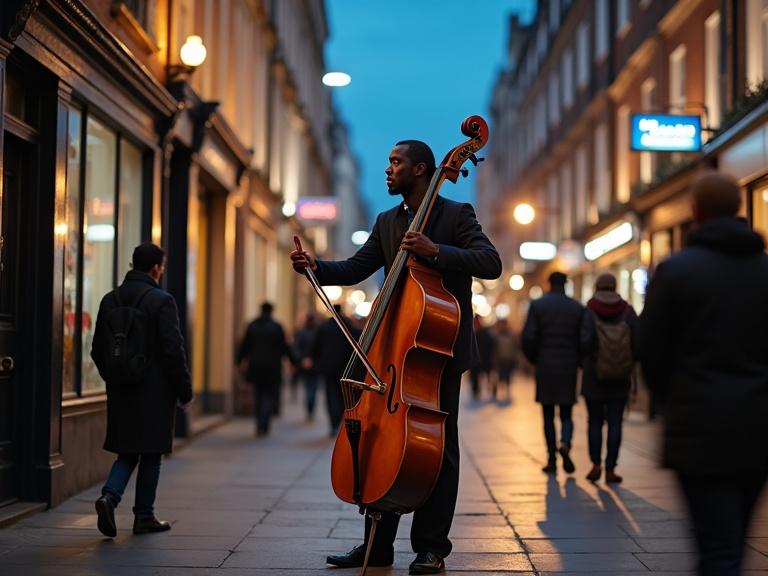 Create an ultra-realistic photo from a low-angle Dutch shot of an African male musician performing with a double bass on a busy London street. Capture pedestrians in midground with diverse clothing, illuminated by natural moonlight and LED streetlights in a time-lapse style.