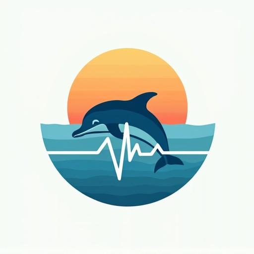 Logo design featuring a dolphin swimming underwater with an EKG heartbeat line that represents the water's surface. A graphic sun is visible above the line. Colors include deep blues for the dolphin and water, warm orange and yellow for the sun, and a contrasting light color for the EKG line. Clean vector lines provide a modern and impactful minimalist design.