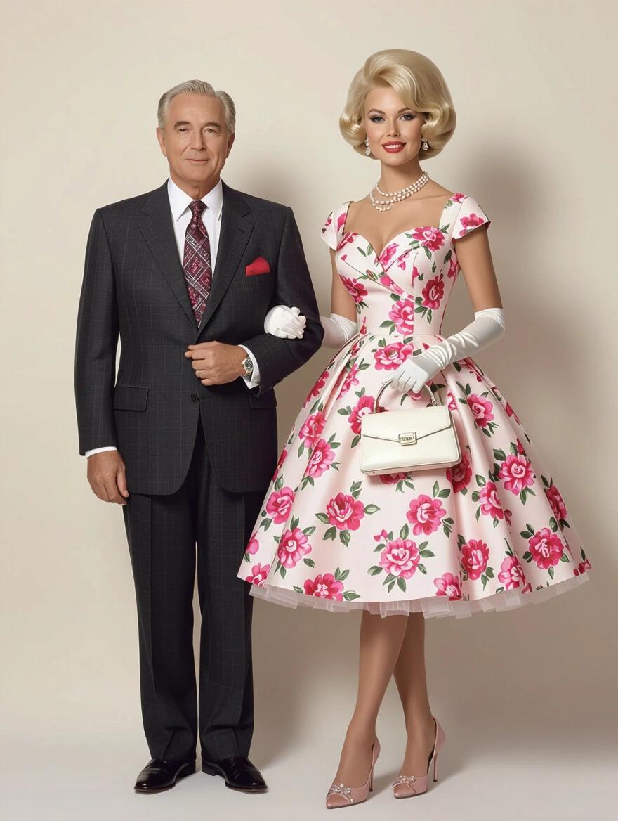 A stunning portrait of a 1960s woman with platinum blonde hair. She wears a floral dress with petticoats and carries a white purse. An older man in a suit stands beside her. The setting is a dress boutique with elegant decor.