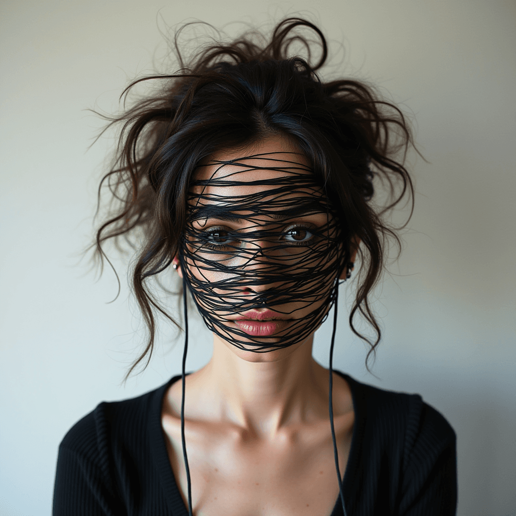 A woman with dark hair is wrapped in black string across her face.