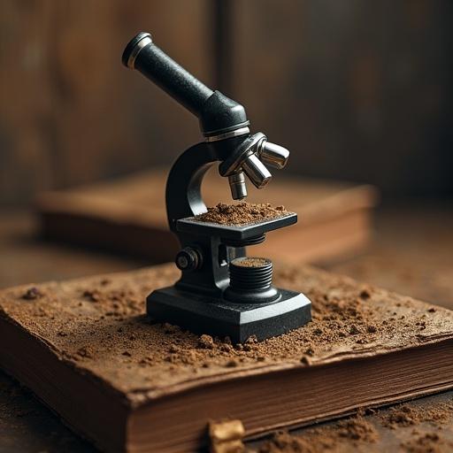 A microscope on top of an open Holy Bible. Soil samples are placed on the microscope stage. The setting has a rustic feel. The table is made of dark wood. The background is slightly blurred with more books visible.