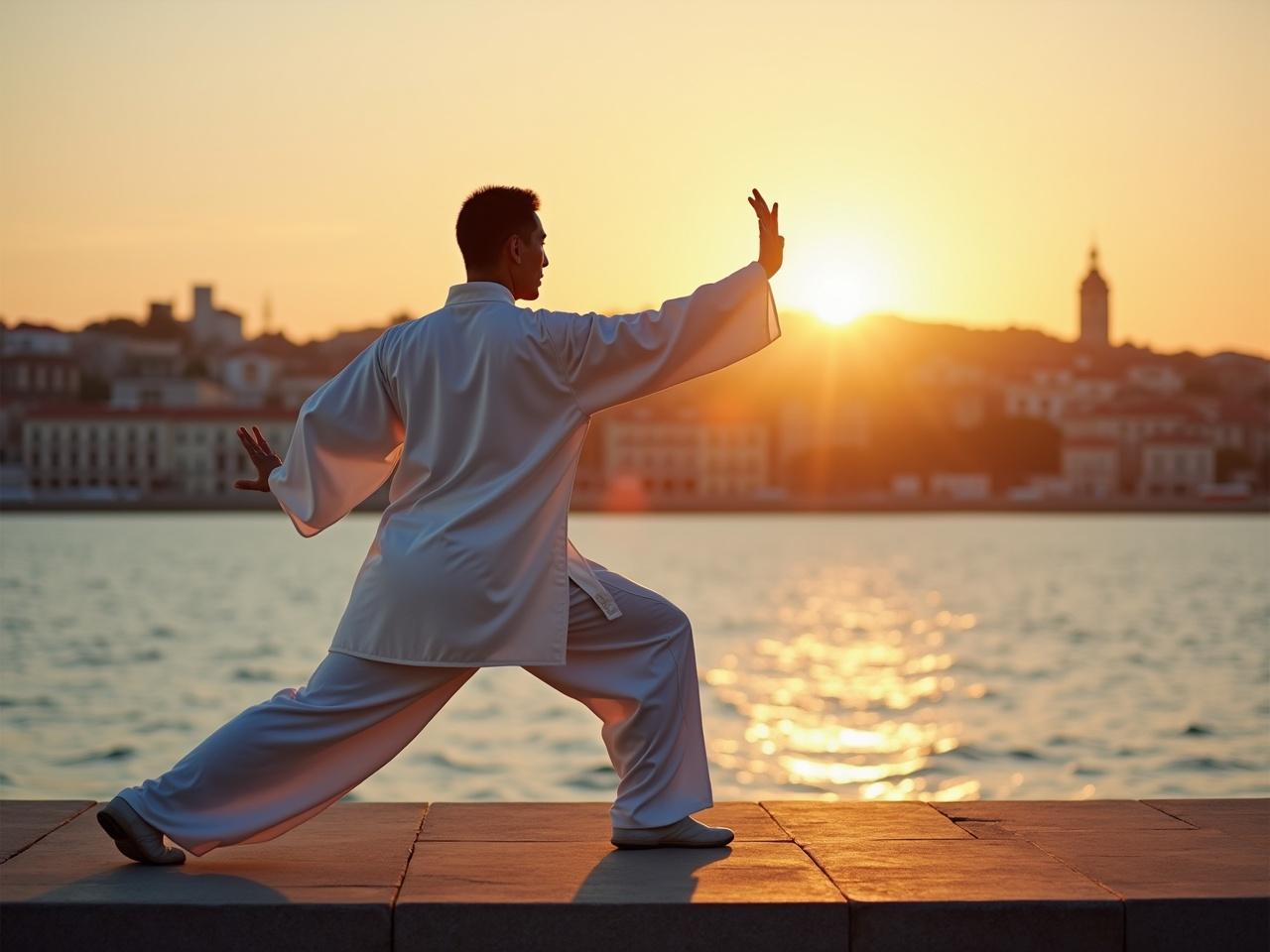 A cinematic image featuring a practitioner performing Tai Chi Chuan by the Tagus River in Lisbon. The city skyline is visible in the background, showcasing the practice's global presence. The practitioner is turned toward the camera, highlighting the global reach of Tai Chi Chuan. It's dawn, creating a serene and tranquil atmosphere. The image is hyper-realistic, shot on an Arriflex camera to capture the fine details of the scene.