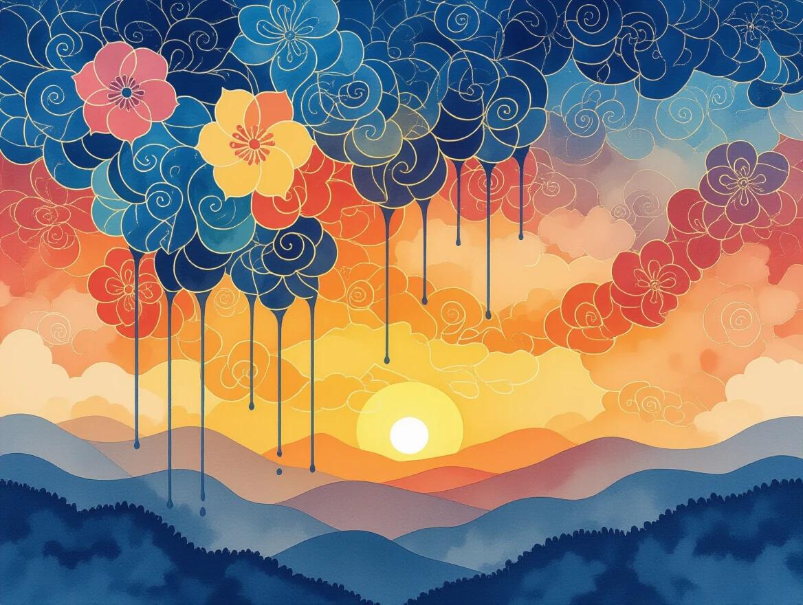 A dreamlike sunset landscape highlights swirling floral motifs in the sky. Ink drips from clouds resemble liquid threads, merging textile patterns and abstract art. The warm color palette and soft lighting enhance the enchanting scene.
