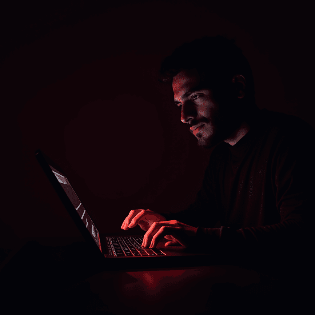 A person in a dimly lit room intensely working on a laptop, with a mysterious red glow illuminating their focused face.