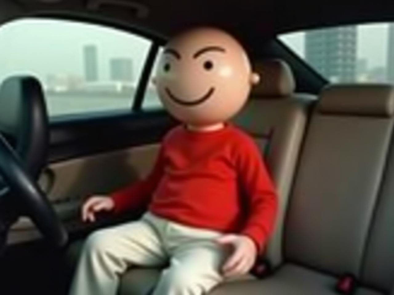 The image shows a humanoid figure sitting in the passenger seat of a car. The figure has a large round head and a simplistic facial design, with a small mouth and no visible eyes. It is dressed in a bright red shirt and white pants, giving it a playful appearance. The car interior appears modern, with a focus on the seating area. The setting suggests a casual or humorous scenario, possibly for entertainment purposes.