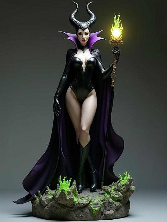 High-quality resin sculpture inspired by Disney's Maleficent. Character is beautiful and sensual. Dark colors with tall horns. Wearing a black bodysuit. Dramatically flowing black and purple cape. Standing on a rocky base with roots. Magical green fire. Holding a long staff with a glowing orb. Powerful and seductive expression. Dress is short and tight with sharp details. Realistic sculpting style, ultra-detailed, with dramatic lighting and striking vertical form.