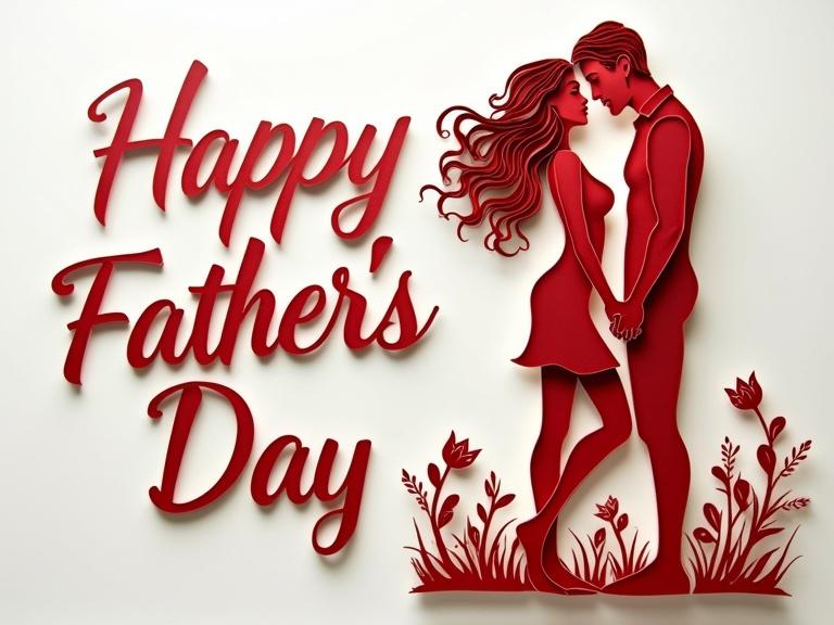 Elegant script text Happy Father's Day. Beautifully layered paper cut-style digital artwork of a mother with long wavy hair cuddling her husband's crotch. Intricate cutout designs forming a mesmerizing silhouette. Multilayer paper art. High contrast. Complementary colors.