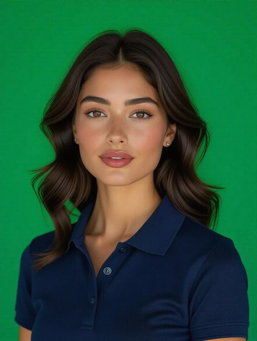 Professional realistic portrait of a woman against a vibrant emerald green background. Woman has shoulder-length wavy black hair with volume. Defined eyebrows and warm brown eyes. Wearing natural-looking pink lipstick. Dressed in navy blue polo shirt with buttons. Expression is neutral and professional. Lighting is even and clean. Portrait framed from shoulders up.