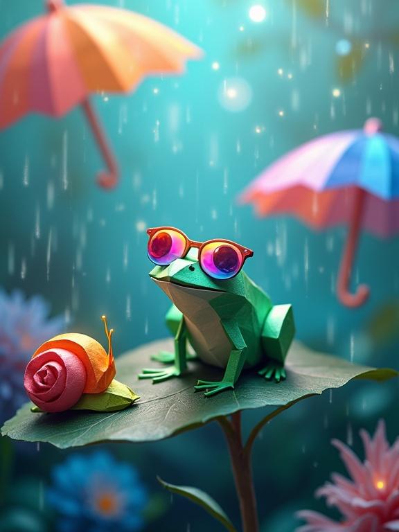 Whimsical origami-style smartphone wallpaper with colorful paper umbrellas under soft rain. A frog wearing rainbow-glowing sunglasses smiles next to a snail on a leaf with matching shades.