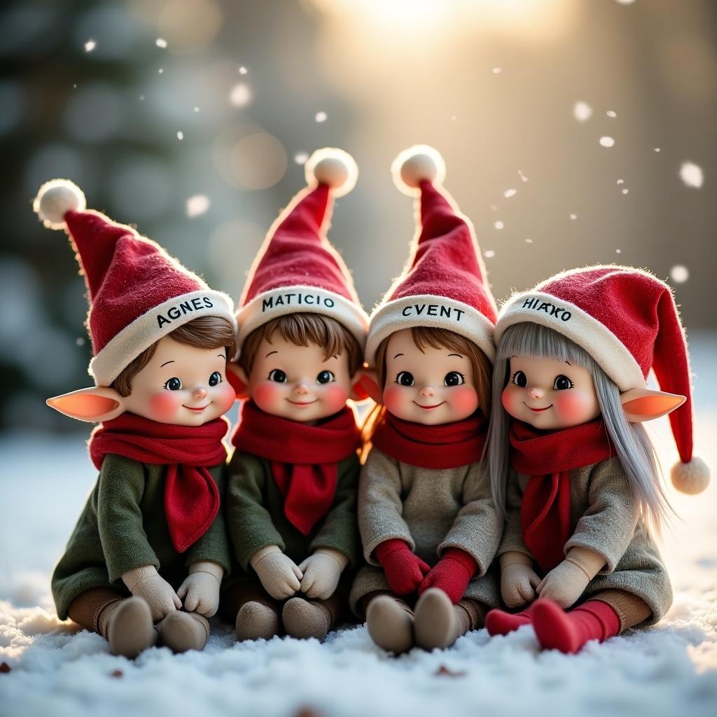 Four smiling Christmas elves in winter clothing. Each elf wears a hat with a name: Agnes, Heiko, Martina, and Anastasia. Soft snow surrounds them with warm lighting creating a cozy atmosphere.