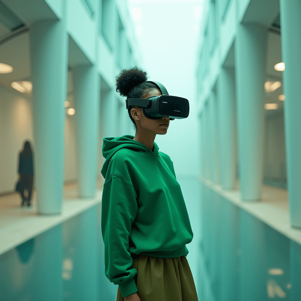 A person wearing VR goggles in a modern, spacious hallway.