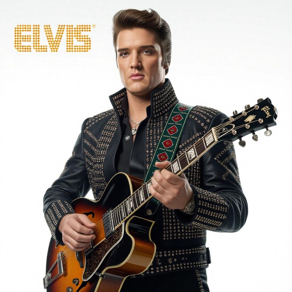 Cinematic image of Elvis Presley. He holds a guitar. Dressed in a stylish black jacket with intricate designs. Bright white background. Classic rock and roll vibe.