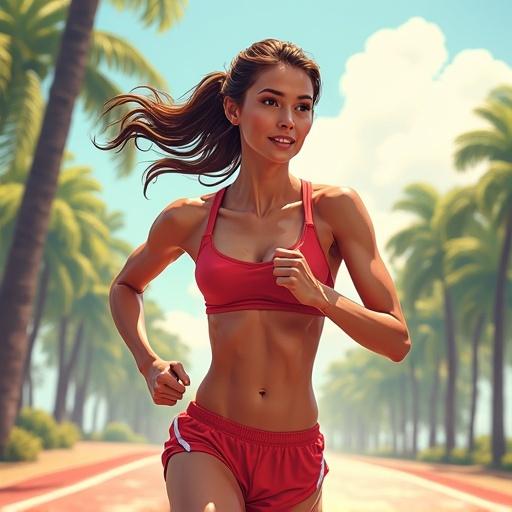 Young woman running in manga style wearing push up bra and shorts. Background has palm trees and a sunny sky.