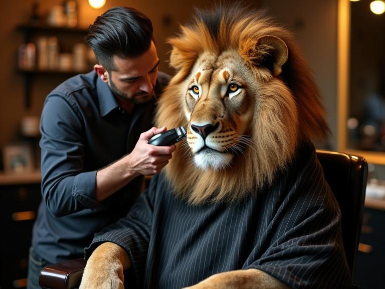 A barber trims the fur of a lion in a stylish barber chair with a black-striped cape. The lion has golden eyes. The barber uses clippers for the lion's mane. Bright salon lights create a humorous, sophisticated atmosphere.