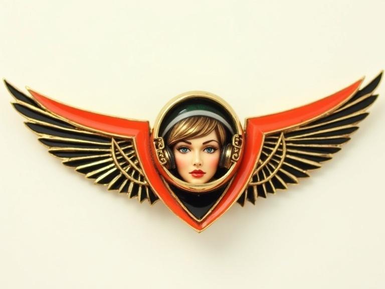 3D auction catalog photo featuring a vintage 1950s military space pilot wings insignia. Background is plain. The design includes a young female comic strip space pilot in a bubble helmet and space suit. The piece blends geometric wings in a streamlined Bauhaus style. Jewelry masterwork made of gold, onyx, and coral. Sharp focus with HDR effects, uncropped.
