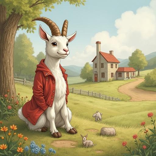 Illustration features a friendly goat wearing a red hoodie. Goat is sitting in a picturesque farm setting. A cozy house and rolling hills are in the background. Small animals like rabbits are nearby. The atmosphere is delightful and whimsical.