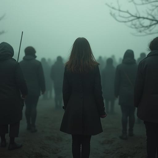 A girl stands alone amidst a faceless crowd. The scene feels dark and surreal. The composition highlights loss and damage using negative space. Photorealistic depiction with atmospheric qualities. Masterfully crafted fine art.