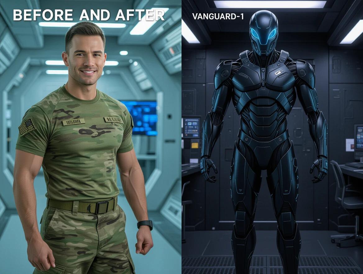A diptych image shows a transformation of a man. Left side features a muscular soldier in a military uniform standing in a high-tech facility. Right side shows the same man as a cybernetic soldier called VANGUARD-1 wearing black exosuit with glowing blue parts. Background and lighting change between the two images.