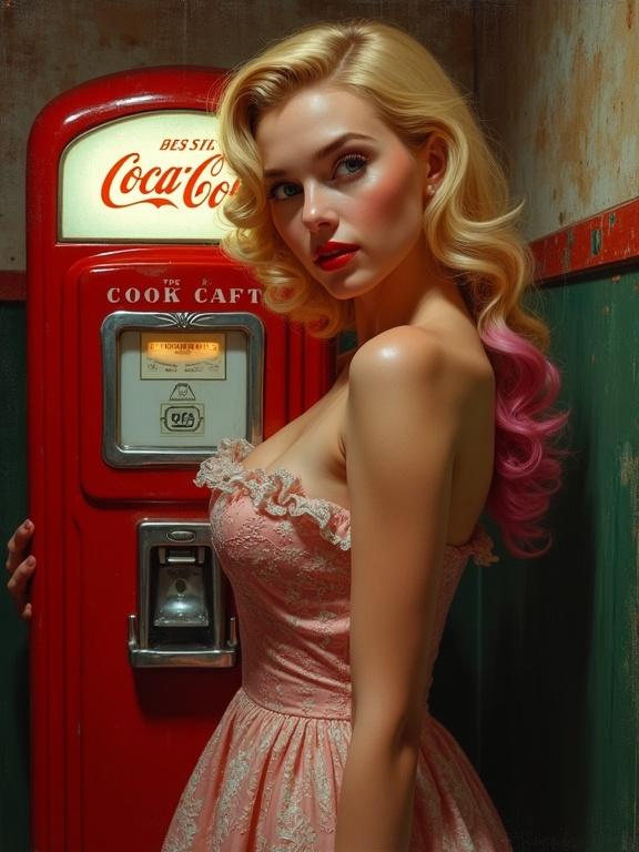 A fusion of vintage 1800s soda machine with baroque lighting techniques. Woman with blond hair and pink tips stands next to a Coca-Cola machine. Rich underpainting with luminous highlights. Pin-up style dress in pale pink. Dramatic shadows and flat colors. Ornate scrollwork and typography. Retro commercial appeal.