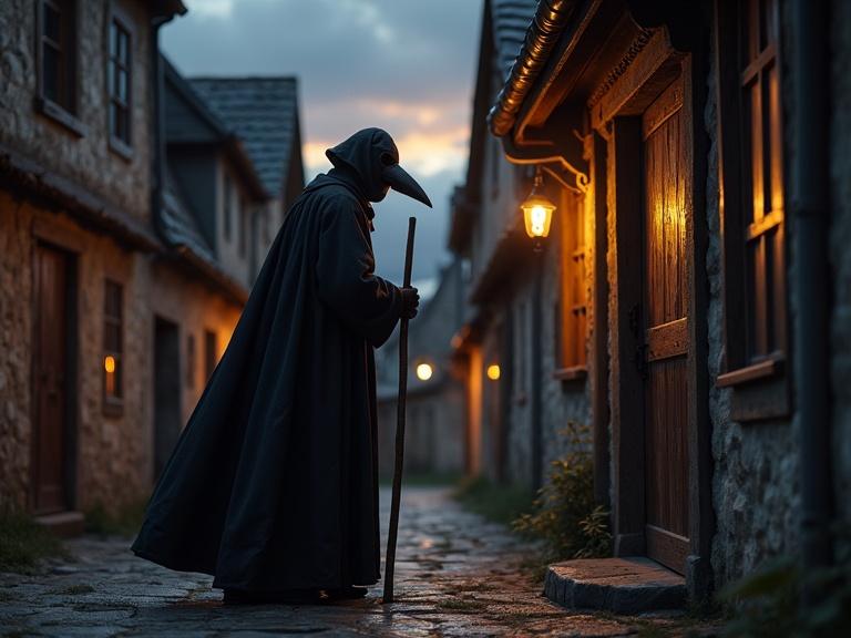 A dark medieval figure stands at an old wooden door in a dimly lit street. The figure wears a beaked plague doctor mask and a long cloak. They hold a wooden staff and knock on a sturdy door. The surroundings are quiet with stone houses and cobblestones, under an overcast sky at dusk.