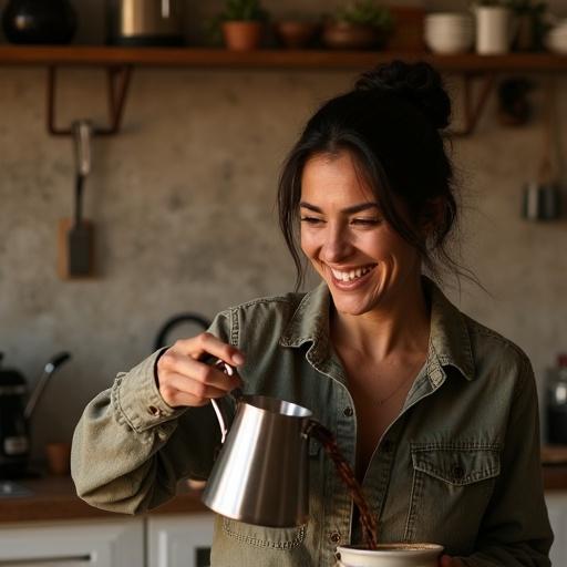 A woman pours coffee in a cozy kitchen. Rustic décor is visible. The lighting is warm and natural. The woman has a visible smile and is in a relaxed stance.