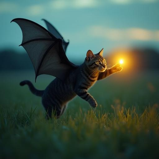Ultra-realistic photograph features a bat-winged cat hunting yellow light. Cat depicted in a field at dusk with a sunset background. The colors are balanced in grey, blue, indigo, and green tones. Feeling of speed emphasized in the composition.