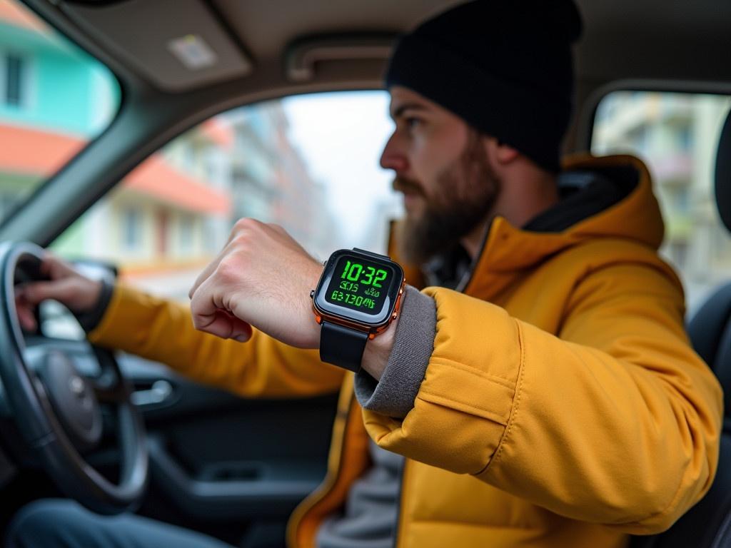 A person is sitting inside a car wearing a mustard-colored jacket and a black beanie. They have their right arm extended, showcasing a digital watch on their wrist. The watch features a black and orange design with a bright green display showing various time and date indicators. In the background, there is a glimpse of an apartment building with colorful balconies. The car's interior is visible, highlighting a simple and casual atmosphere.