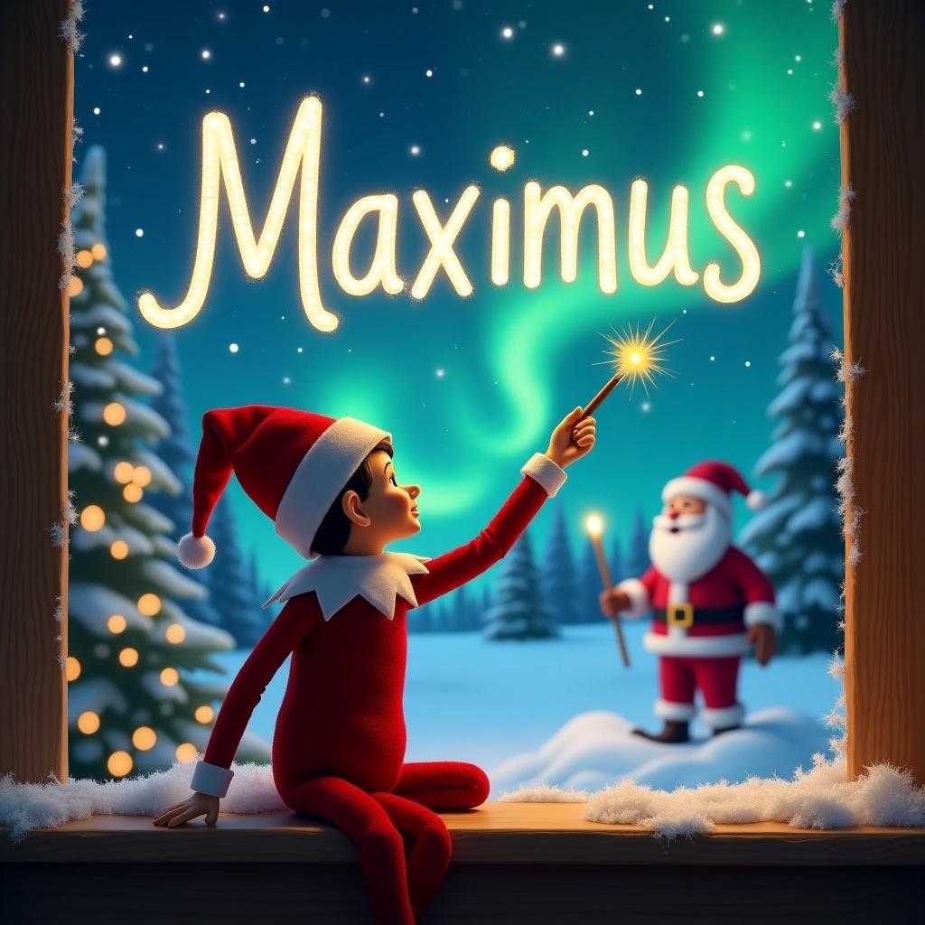 The image features a cheerful elf from the Elf on the Shelf tradition, with his back to the viewer, gazing at the night sky filled with vibrant northern lights. He holds a magic wand and is elegantly writing the name 'Maximus' in sparkling lights above him. In the background, Santa Claus stands warmly, adding to the festive atmosphere. The snowy landscape is adorned with twinkling lights, creating a magical Christmas scene. This enchanting image invokes feelings of joy and wonder, perfect for capturing the spirit of the holidays.