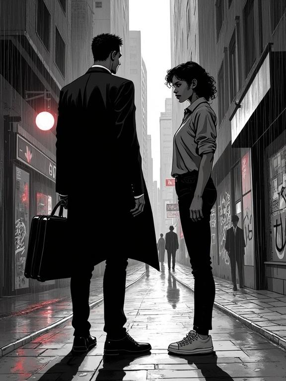 Gritty comic book scene in a busy street. Setting is Buenos Aires in 2025. Sharp-dressed man stands under streetlamp. He wears black suit and long coat, holds briefcase and small suitcase. Opposite him stands a young woman with curly dark hair and jeans, looking anxious. Wet sidewalks, neon reflections, graffiti background. Use high-contrast black and white with red highlights. Strong chiaroscuro and surreal atmosphere.