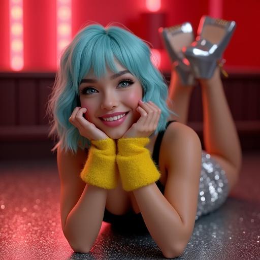 A beautiful woman with light blue hair and bright green eyes wears a black tank top silver sequined skirt and silver platform high heels. She lies on her stomach with legs and feet elevated propping her chin up with hands. She has yellow fluffy wrist cuffs and smirks with a wide smile showing teeth. The background features a club setting with a blurred red background and sparkling floor.