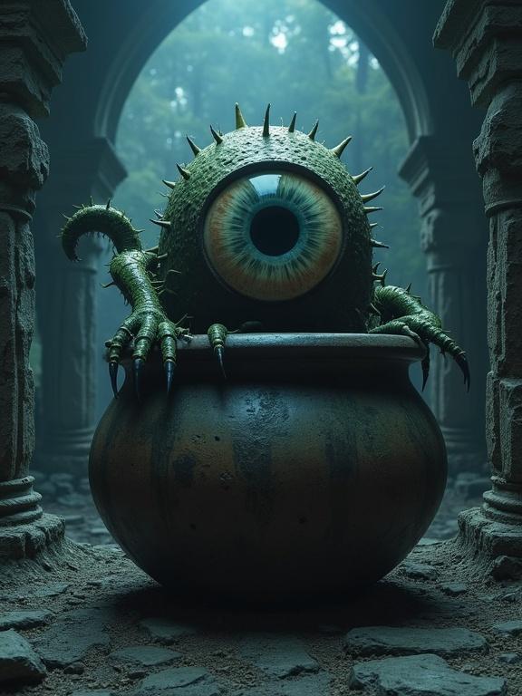 Giant eye monster sits in a pot within a dark gothic castle. The scene sets a moody atmosphere with shadows and an eerie glow. Details of the castle's architecture are visible in the surrounding space.