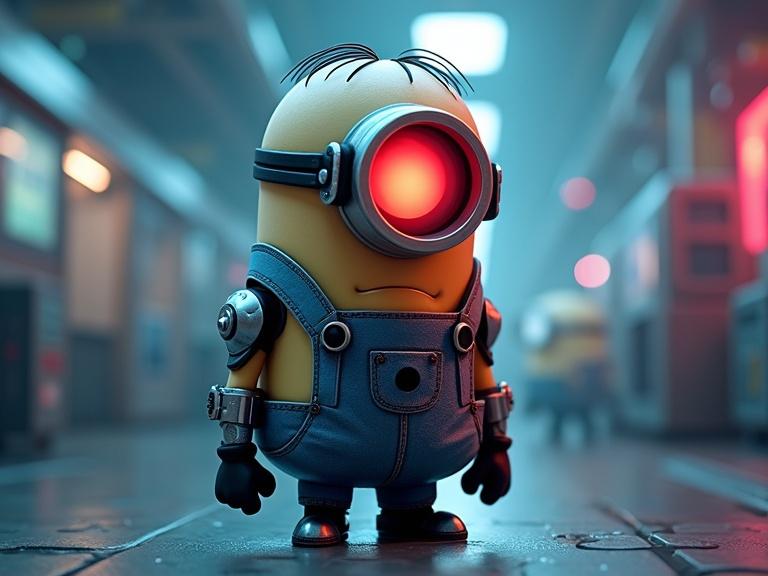 Tech-enhanced minion features part robotic face and body. Glowing red eye and cyborg armor design. Character stands in high-tech lab. Cartoon 3D style with detailed lighting.