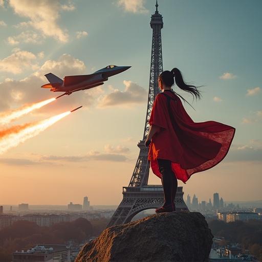 Samurai girl stands on Eiffel Tower. F35 jet shoots rockets at her. She slices rockets with sword. Dramatic sunset background.