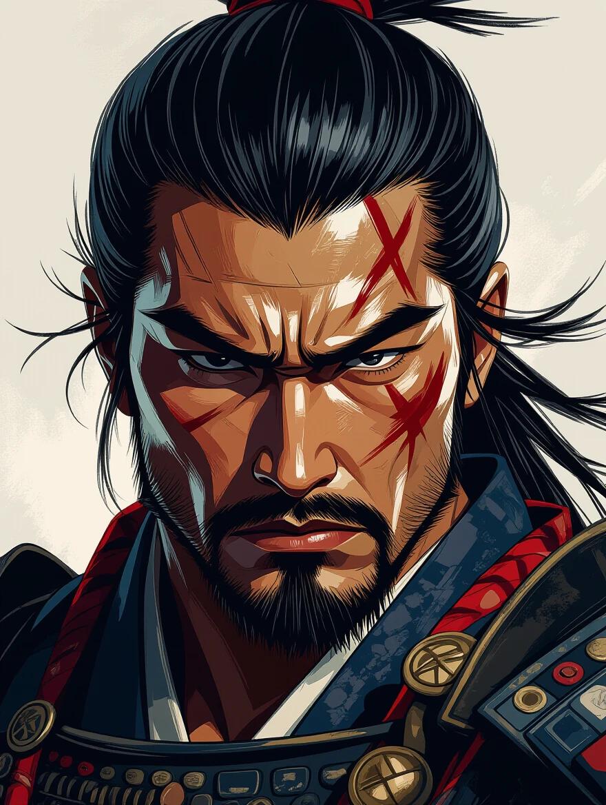 Close-up portrait of a samurai warrior. Intense expression featured. Artistic style mix includes Mangda JLDT and Andrzej Sykut. Incorporate rich ink textures and painterly gradients, cinematic shadows and facial structure details. Inspired by Yoshikazu Yasuhiko. Concept art illustration with strong visual presence.