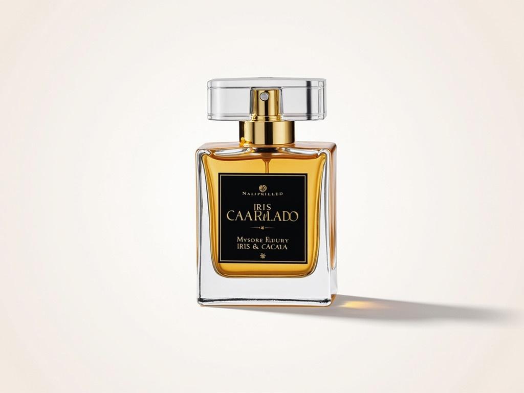 This image showcases a bottle of perfume, identified as 'Iris Cacao - Mysore Edition.' The bottle features a modern design with a clear rectangular shape and a gold-colored cap. The label is elegant, incorporating a dark background with gold and white lettering. The name of the perfume is prominent, highlighting its unique blend of iris and cacao notes. The overall aesthetic conveys luxury and sophistication, appealing to those who appreciate fine fragrances.