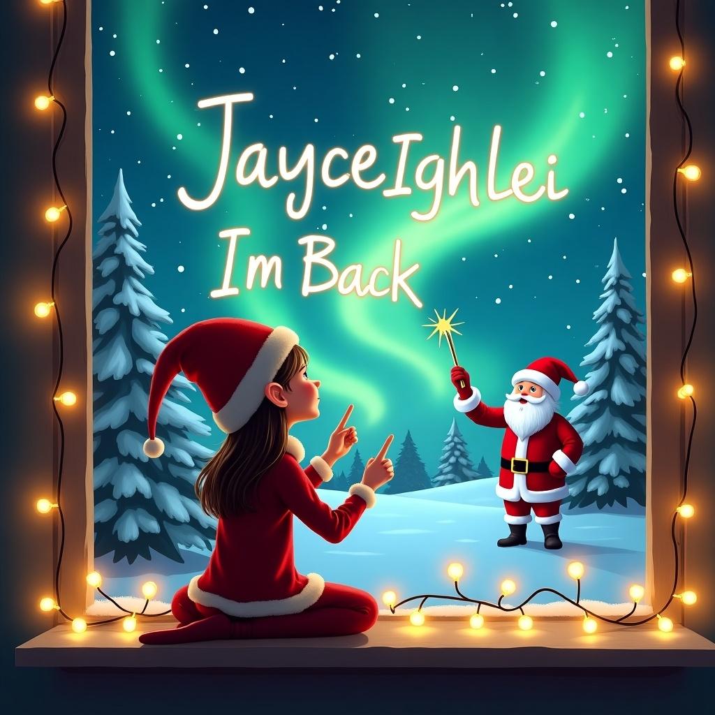 This image features a girl elf on the shelf, depicted from behind, enjoying the festive atmosphere. The elf is facing the sky, using a wand to write the name 'JayceIghLei Im Back' among the magical northern lights. In the background, Santa Claus adds to the enchanting scene, blending into the winter wonderland setting. Snow-covered trees accentuate the magical feeling. Soft, warm lights twinkle around the window, creating a cozy holiday ambiance. This illustration captures the joy and magic of Christmas, ideal for evoking holiday spirit.