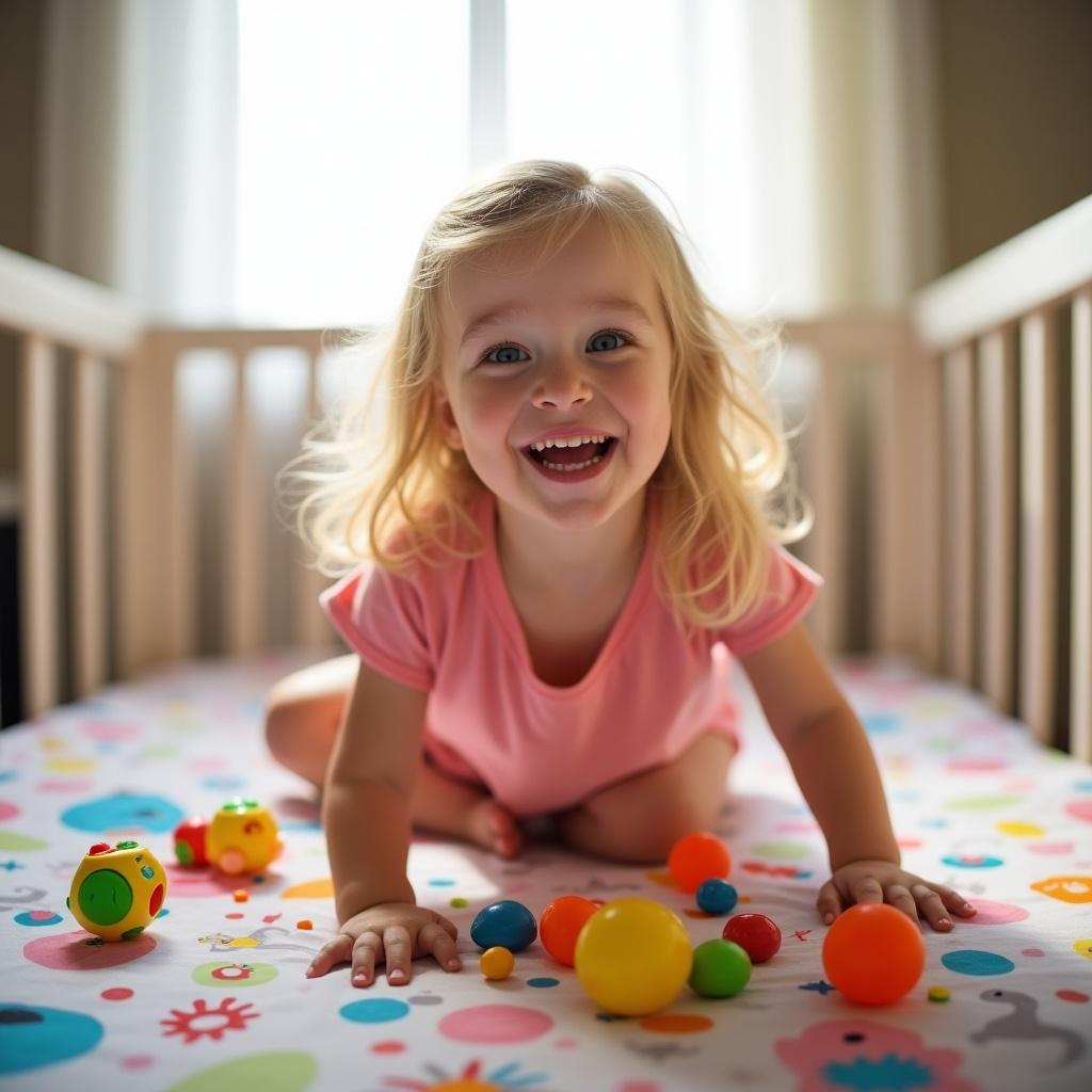 A joyful toddler plays in her crib. She has long blond hair and wears a pink t-shirt with underwear. Colorful toys are scattered on a playful patterned sheet. The scene is bright and inviting, capturing a moment of childhood exploration.