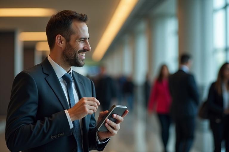 Businessman appears happy using smartphone in a busy airport lounge. Background features blurred travelers. A sleek espresso machine is present.