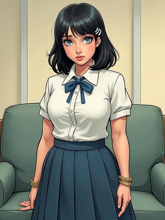 Full body portrait of a female character with dark shoulder-length hair and blue eyes. She wears a strained school blouse with buttons, a pleated school skirt, and gold jewelry. The expression is nervous with an awkward posture. The background features an office couch.