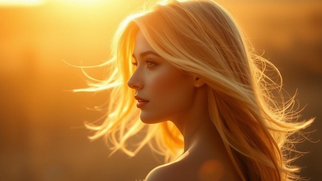 A beautifully lit portrait of a blonde woman during golden hour with the sun creating a warm glow around her flowing hair.